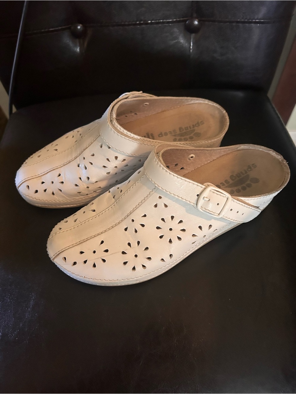 Spring Step Cream Leather Slip-On Clogs with Floral Cutouts